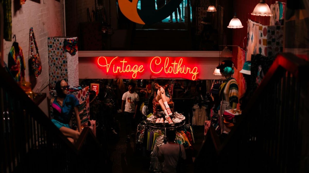 Vintage Clothing neon sign at the entrance to Brick Lane Vintage Market